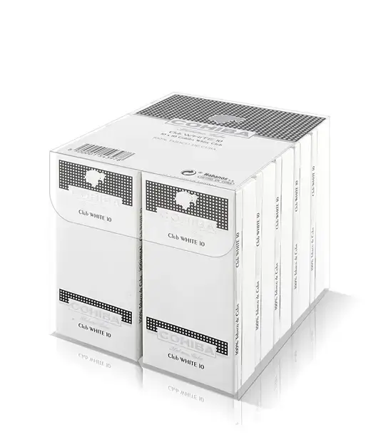 Cohiba Club White Cigar Box of 10 X 10 close-up from AuCigars, premium Cuban cigar