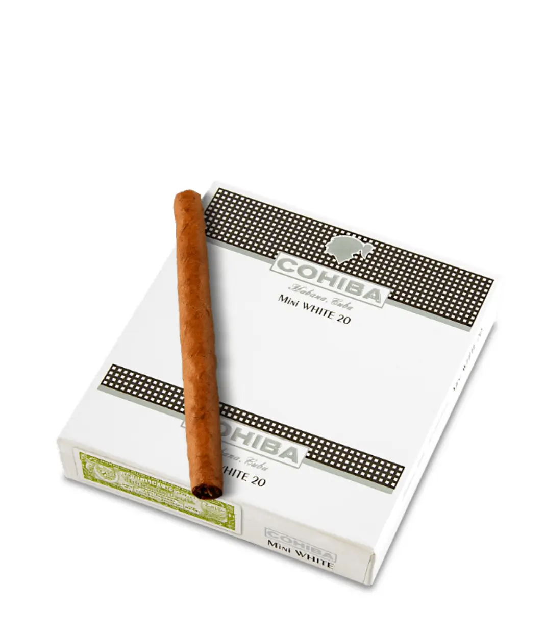 Cohiba Mini White 20 Pack Cigar Box of 20 close-up from AuCigars, premium Cuban cigar