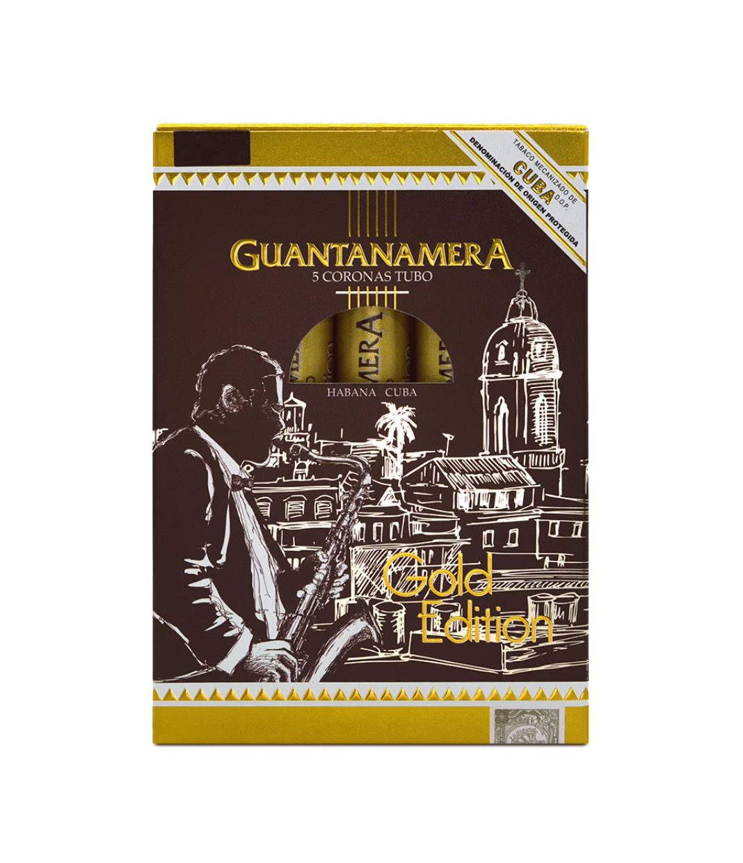 Guantanamera Coronas Tubo Gold Edition Cigar Box of Box of 5 X 5 close-up from AuCigars, premium Cuban cigar