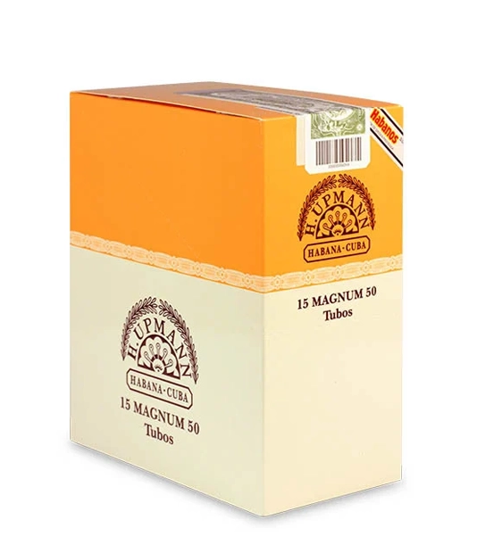 H. Upmann Magnum 50 Tubos C/P Cigar Box of 5 X 3 close-up from AuCigars, premium Cuban cigar