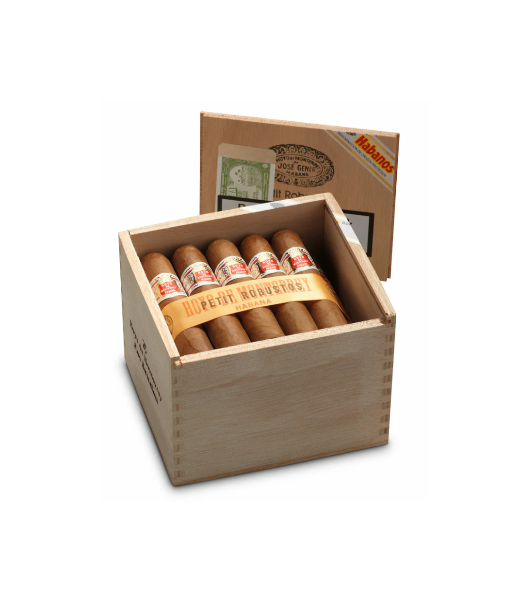 Hoyo de Monterrey Petit Robustos Cigar Box of 25 close-up from AuCigars, premium Cuban cigar