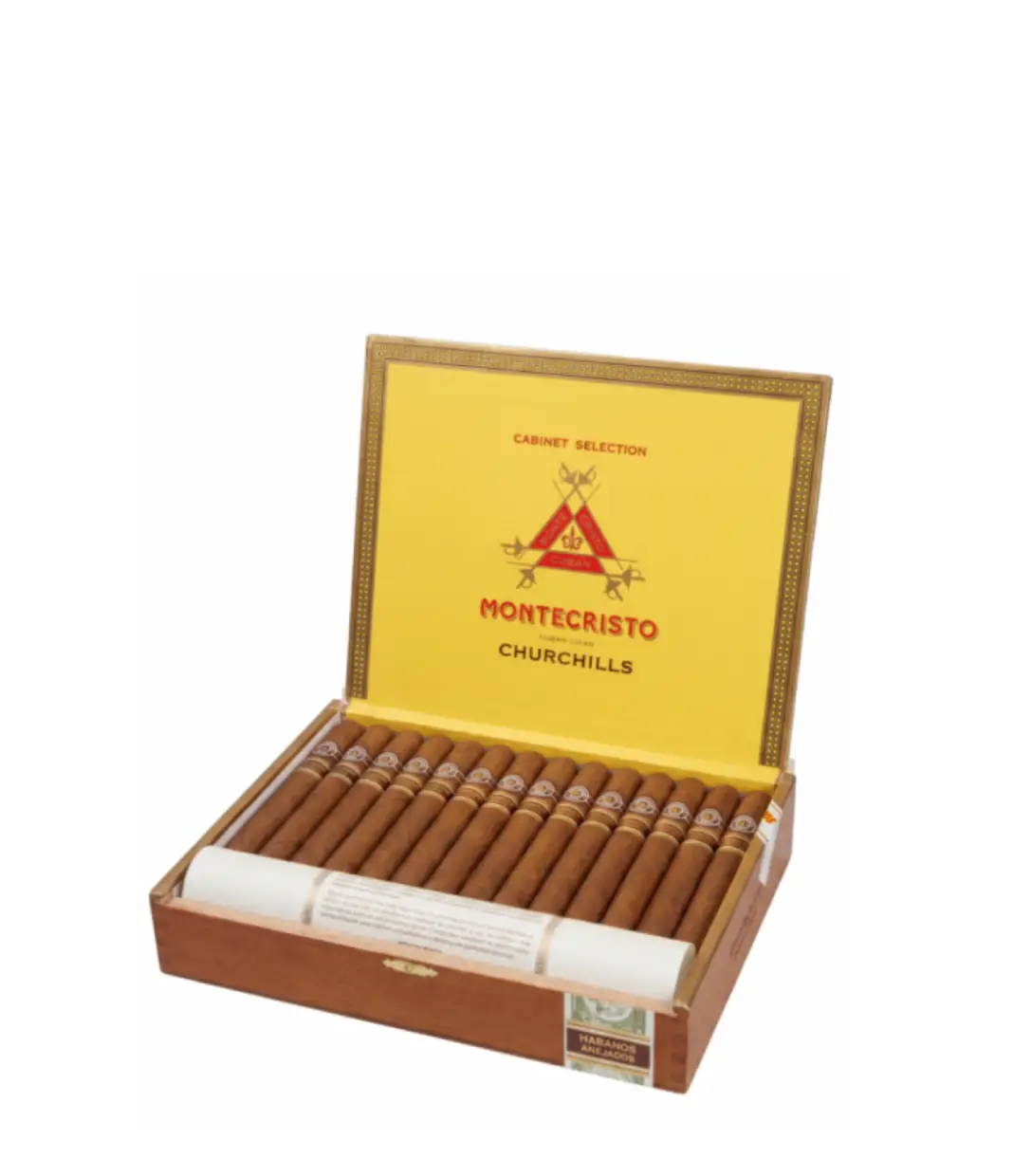 Montecristo Churchill Anejados Cigar Box of 25 close-up from AuCigars, premium Cuban cigar