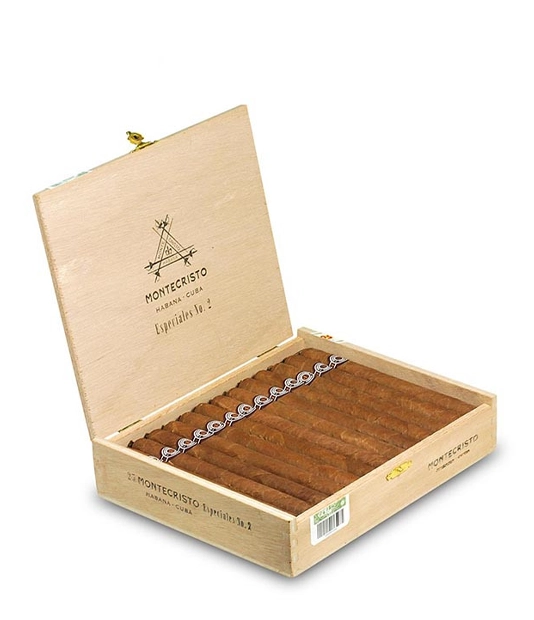 Montecristo Especial No.2 Cigar Box of 25 close-up from AuCigars, premium Cuban cigar