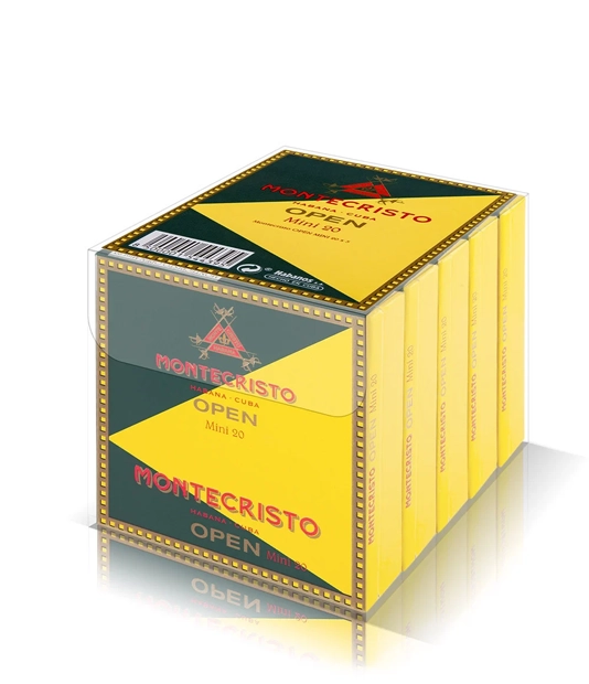 Montecristo Open Mini Cigar Box of 20 X 5 close-up from AuCigars, premium Cuban cigar