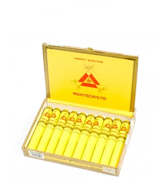 Montecristo Petit Tubos Cigar Box of 10 close-up from AuCigars, premium Cuban cigar