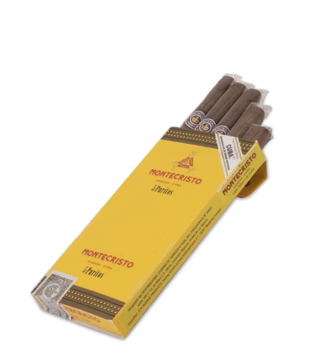 Montecristo Puritos 5 Pack Cigar Box of 5 close-up from AuCigars, premium Cuban cigar
