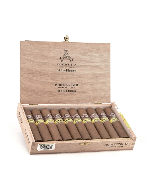 Montecristo Wide Edmundo Cigar Box of 10 close-up from AuCigars, premium Cuban cigar