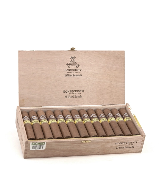 Montecristo Wide Edmundo Cigar Box of 25 close-up from AuCigars, premium Cuban cigar