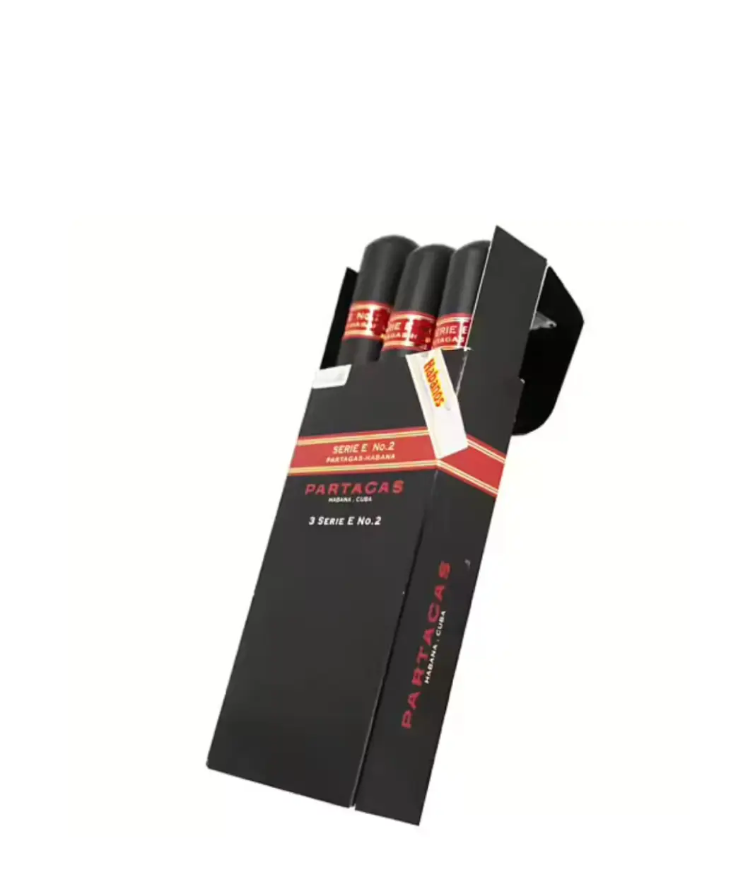Partagas Serie E No. 2 Tubos Cigar Box of 3 X 5 close-up from AuCigars, premium Cuban cigar