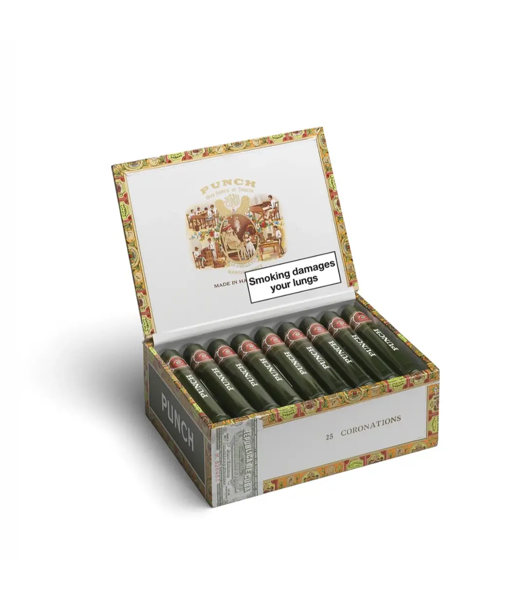 Punch Coronations Cigar Box of 25 close-up from AuCigars, premium Cuban cigar