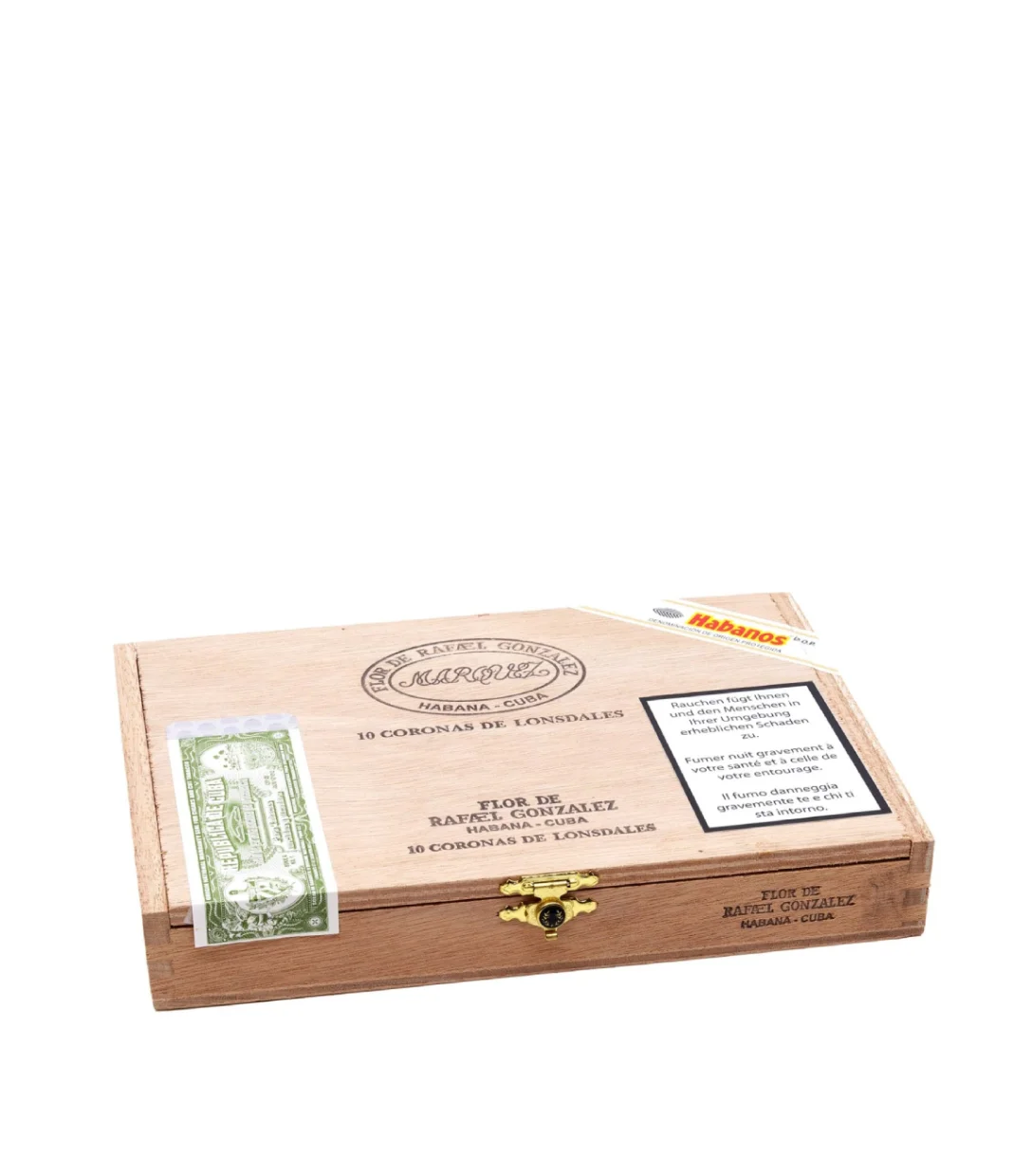 Flor De Rafael Gonzalez Coronas de Lonsdales Cigar Box of 10 close-up from AuCigars, premium Cuban cigar