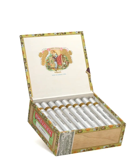 Romeo y Julieta Churchills Anejados Tubos Cigar Box of 25 close-up from AuCigars, premium Cuban cigar