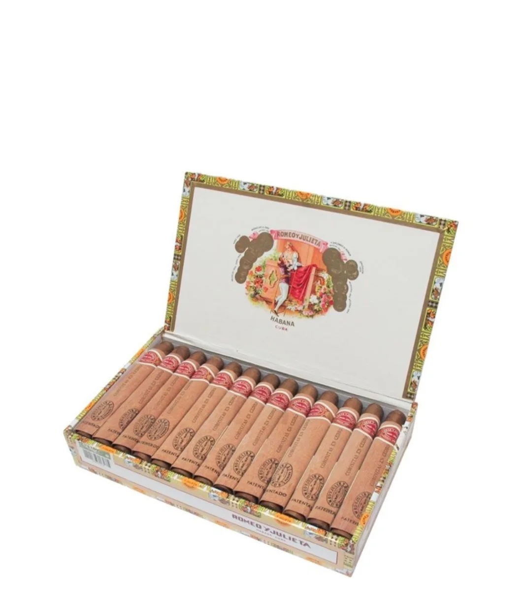 Romeo y Julieta Coronitas en Cedro Cigar Box of 25 close-up from AuCigars, premium Cuban cigar