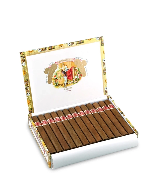 Romeo y Julieta Petit Coronas Cigar Box of 5 X 5 close-up from AuCigars, premium Cuban cigar