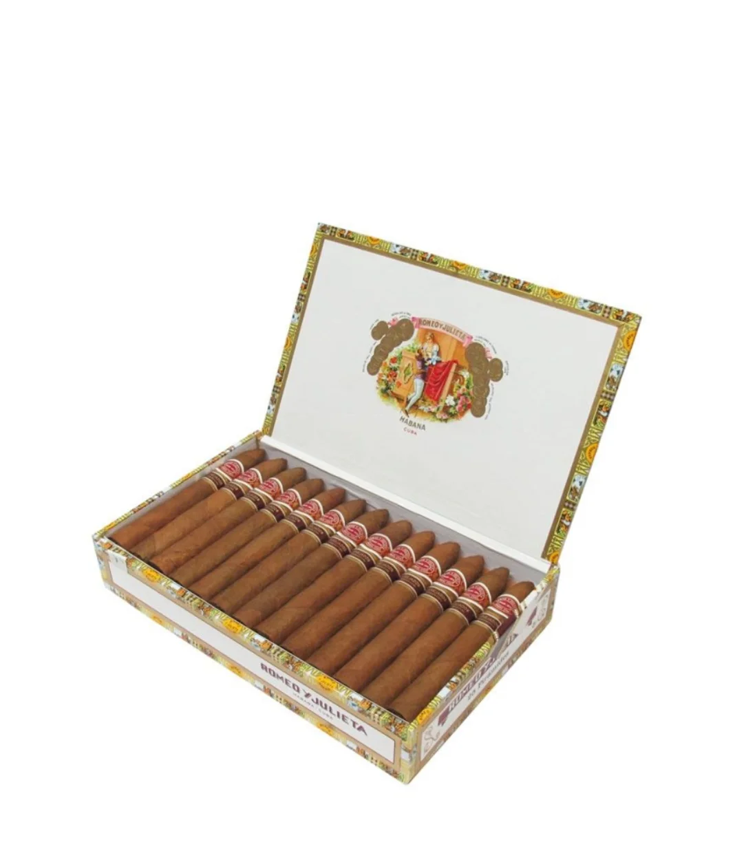 Romeo y Julieta Piramides Anejados Cigar Box of 25 close-up from AuCigars, premium Cuban cigar