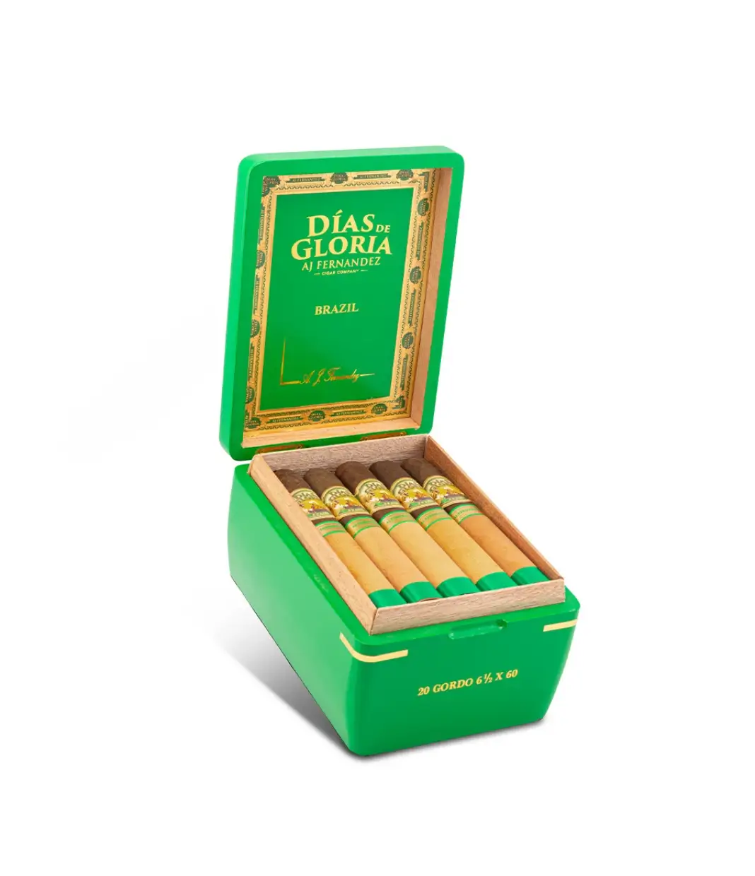 AJ Fernandez Dias De Gloria Brazil Figurado Cigar Box of 20 close-up from AuCigars, premium Cuban cigar