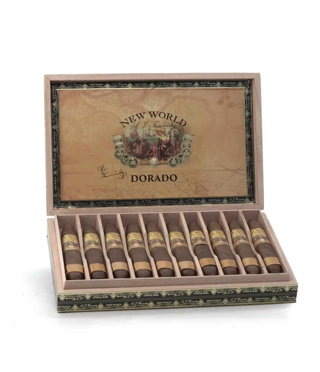 AJ Fernandez New World Dorado Corona Cigar Box of 10 close-up from AuCigars, premium Cuban cigar