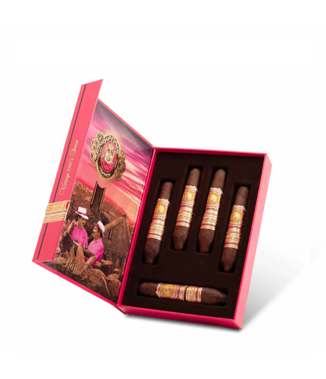 Arturo Fuente Rare Pink Vintage 1960s Series Short Story Cigar Box of 5 close-up from AuCigars, premium Cuban cigar