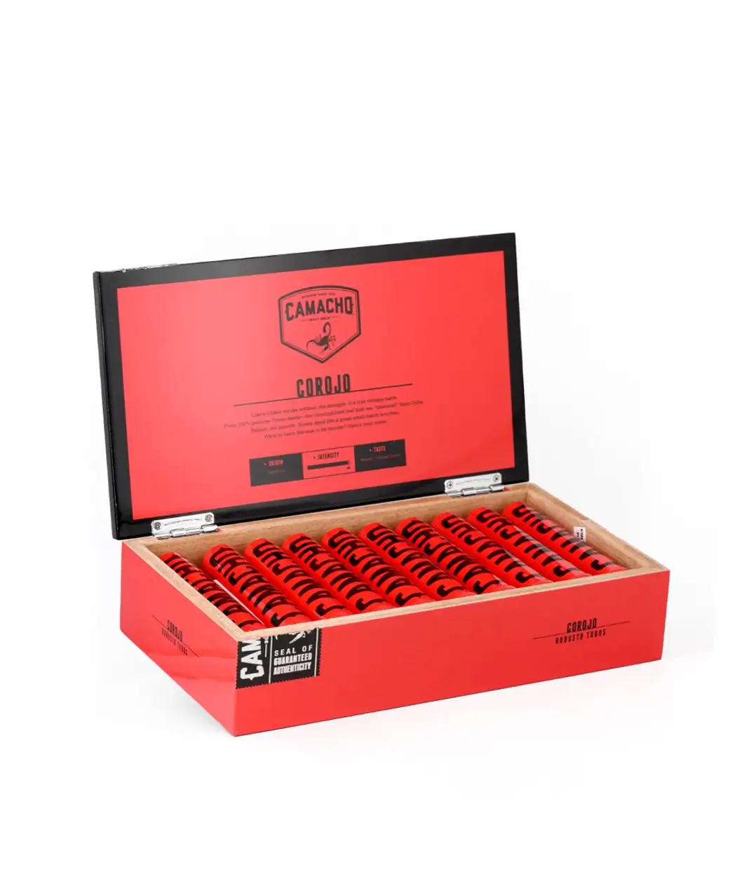Camacho Corojo Robusto Tubos Cigar Box of 20 close-up from AuCigars, premium Cuban cigar