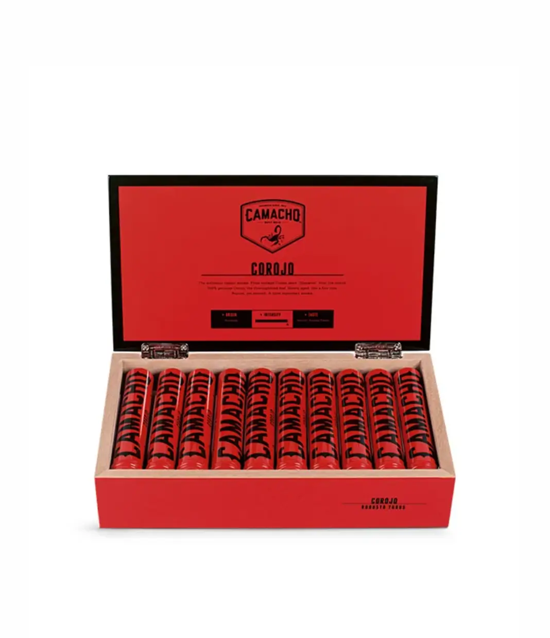 Camacho Corojo Robusto Tubos Cigar Box of 10 close-up from AuCigars, premium Cuban cigar