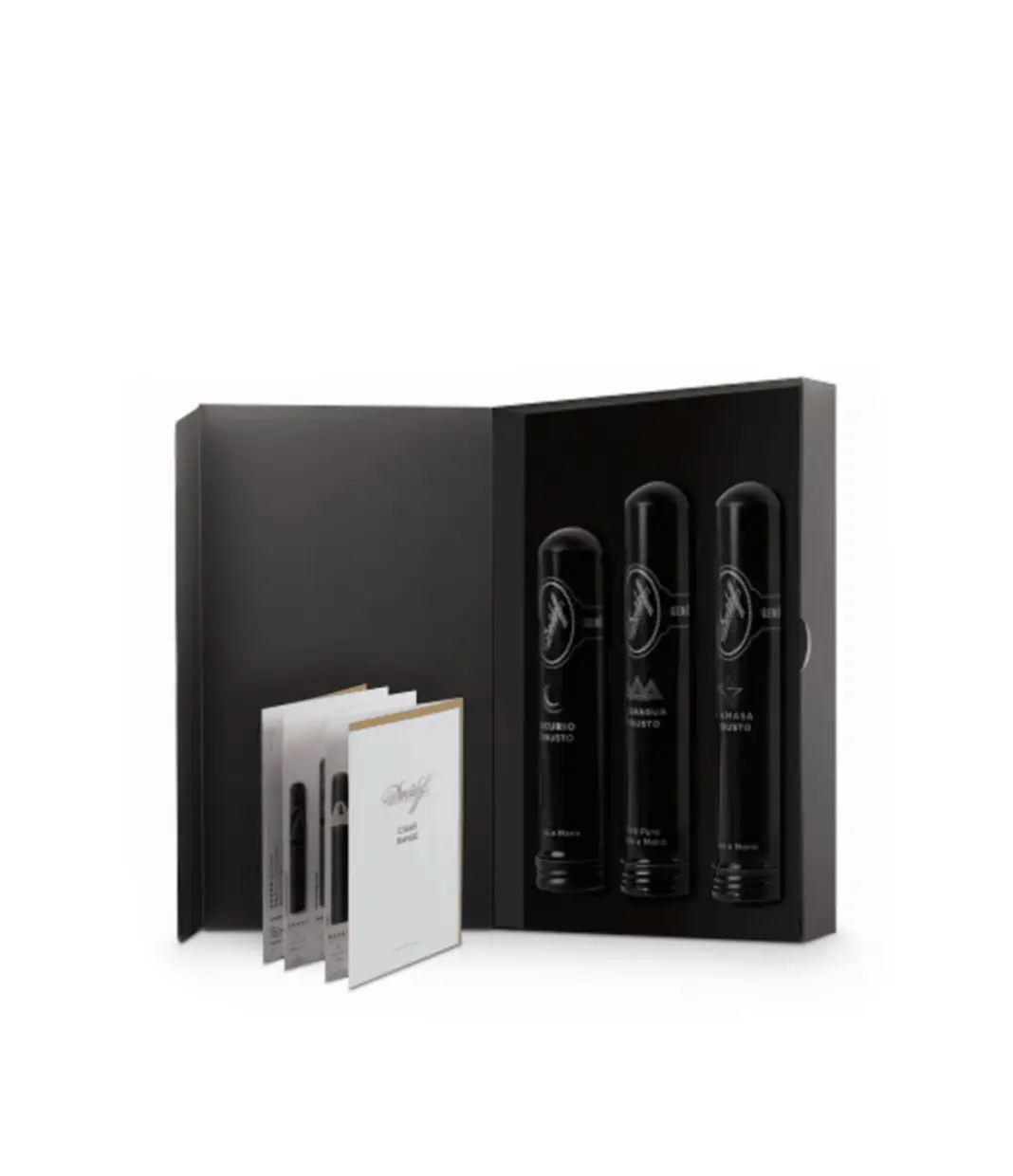 Davidoff Selection Black Robusto Tubos Cigar Box of 3 close-up from AuCigars, premium Cuban cigar