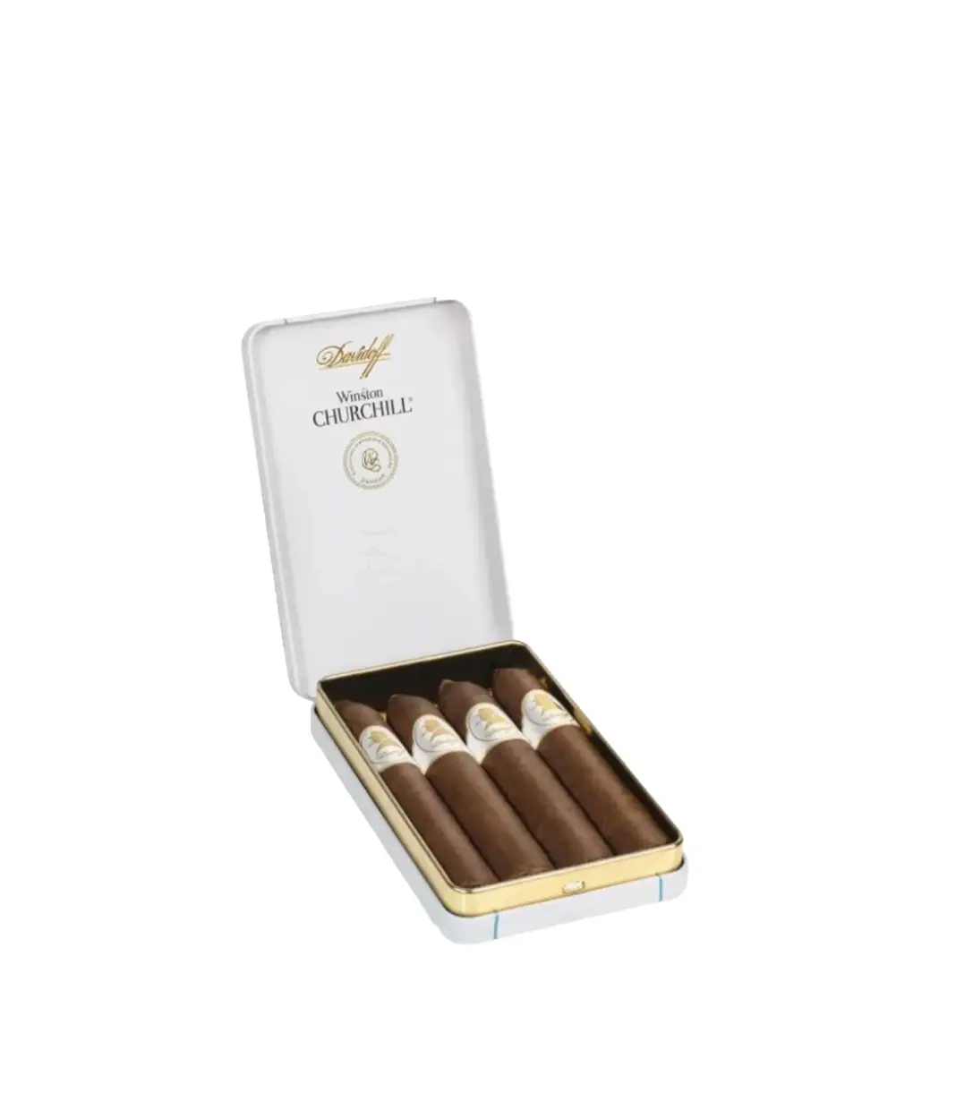 Davidoff Winston Churchill Belicoso Tin Cigar Box of 5 X 4 close-up from AuCigars, premium Cuban cigar