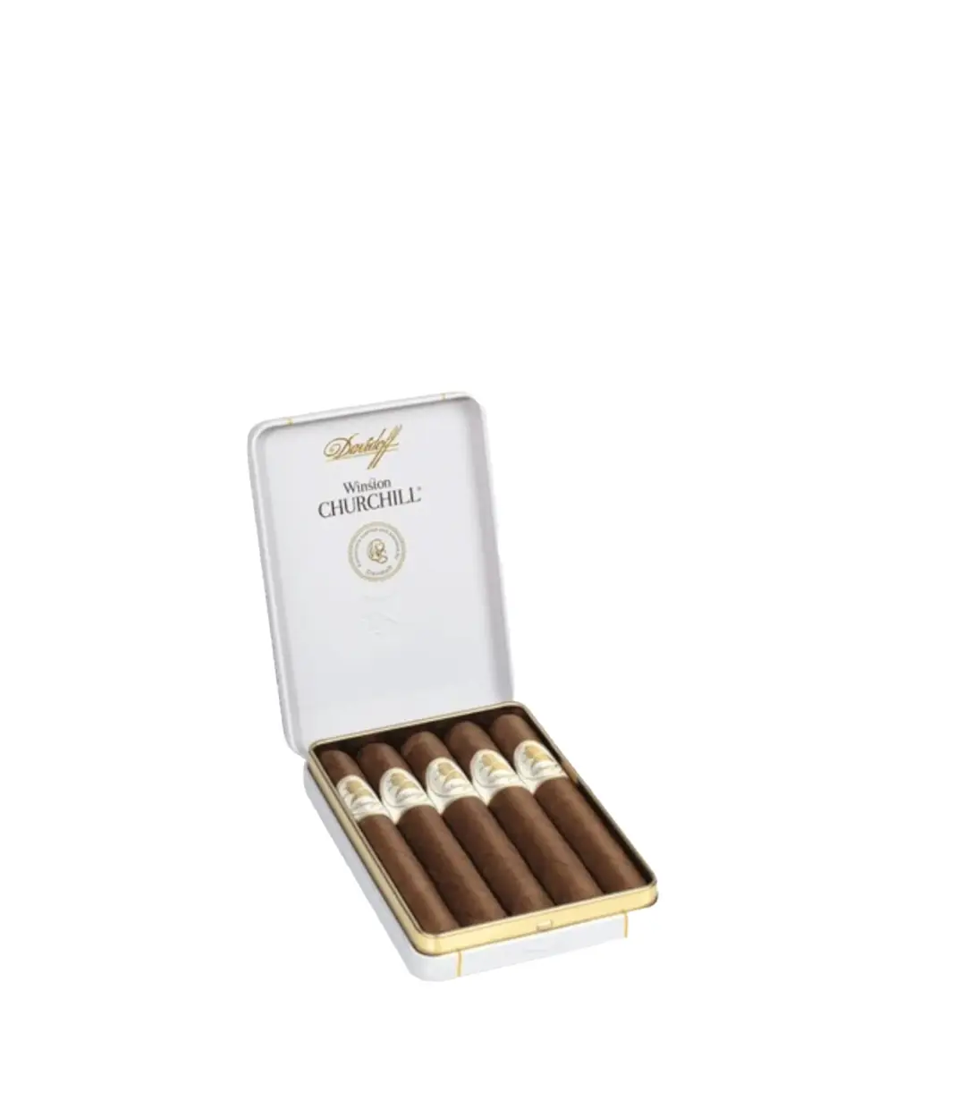Davidoff Winston Churchill Petit Panetela Cigar Box of 5 X 5 close-up from AuCigars, premium Cuban cigar
