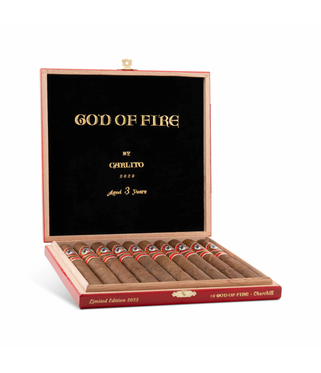 God Of Fire By Carlito Churchill (2023) Cigar Box of 10 close-up from AuCigars, premium Cuban cigar