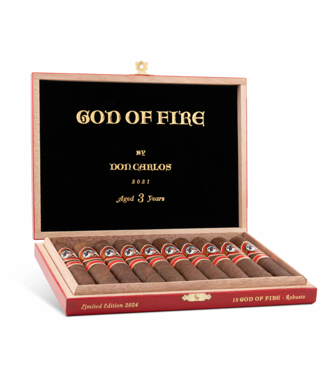 God of Fire By Don Carlos Robusto (2024) Cigar Box of 10 close-up from AuCigars, premium Cuban cigar