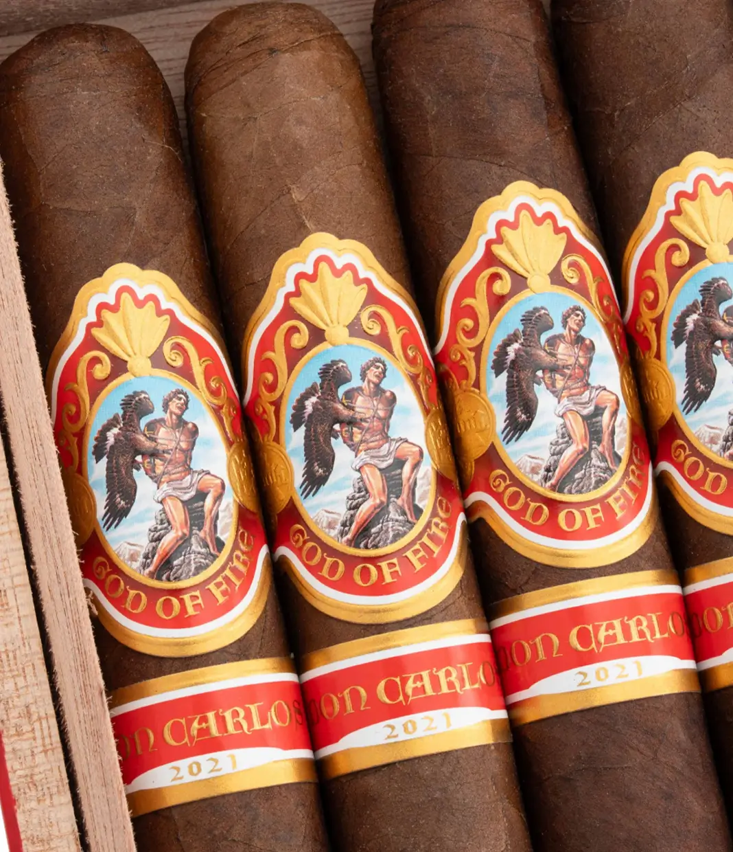 God Of Fire By Don Carlos Robusto Gordo (2024) Cigar Box View 4 from AuCigars, premium Cuban cigar