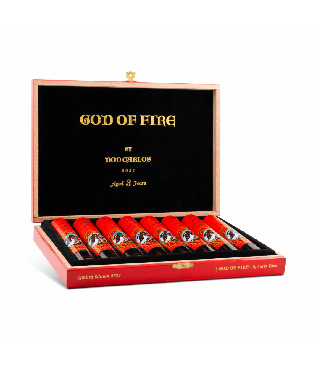 God of Fire By Don Carlos Robusto Tubos (2024) Cigar Box of 8 close-up from AuCigars, premium Cuban cigar