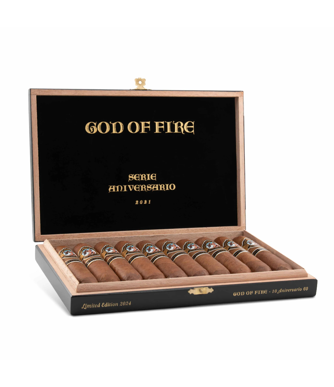 God Of Fire Serie Aniversario 60 (2024) Cigar Box of 10 close-up from AuCigars, premium Cuban cigar