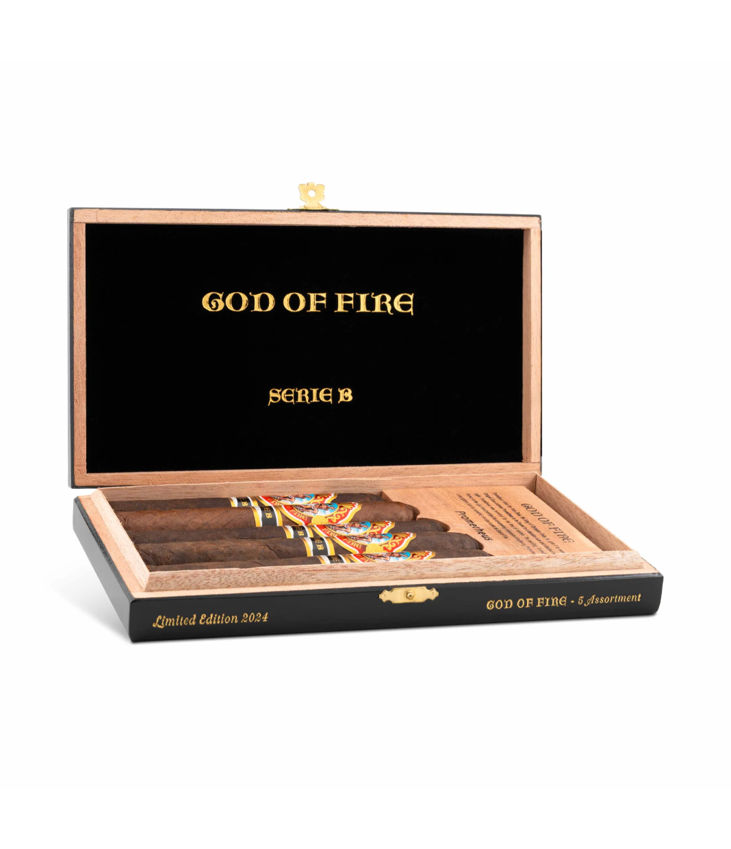 God Of Fire Serie B Assortment (2024) Cigar Box of 5 close-up from AuCigars, premium Cuban cigar
