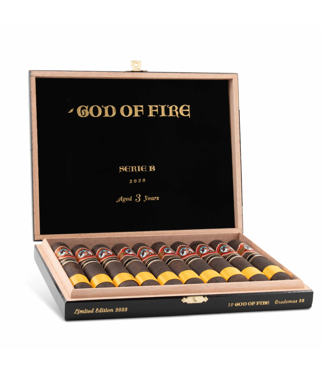 God Of Fire Serie B Diademas 56 (2023) Cigar Box of 10 close-up from AuCigars, premium Cuban cigar