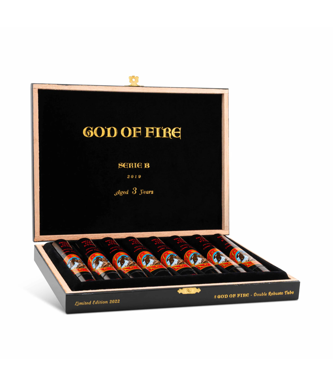 God Of Fire Serie B Double Robusto Tubos (2022) Cigar Box of 8 close-up from AuCigars, premium Cuban cigar