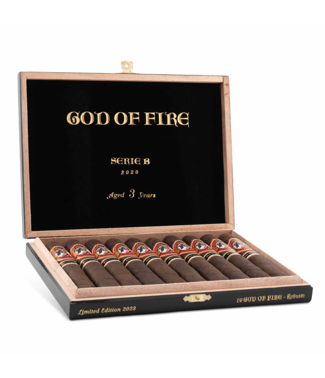 God of Fire Serie B Robusto (2023) Cigar Box of 10 close-up from AuCigars, premium Cuban cigar