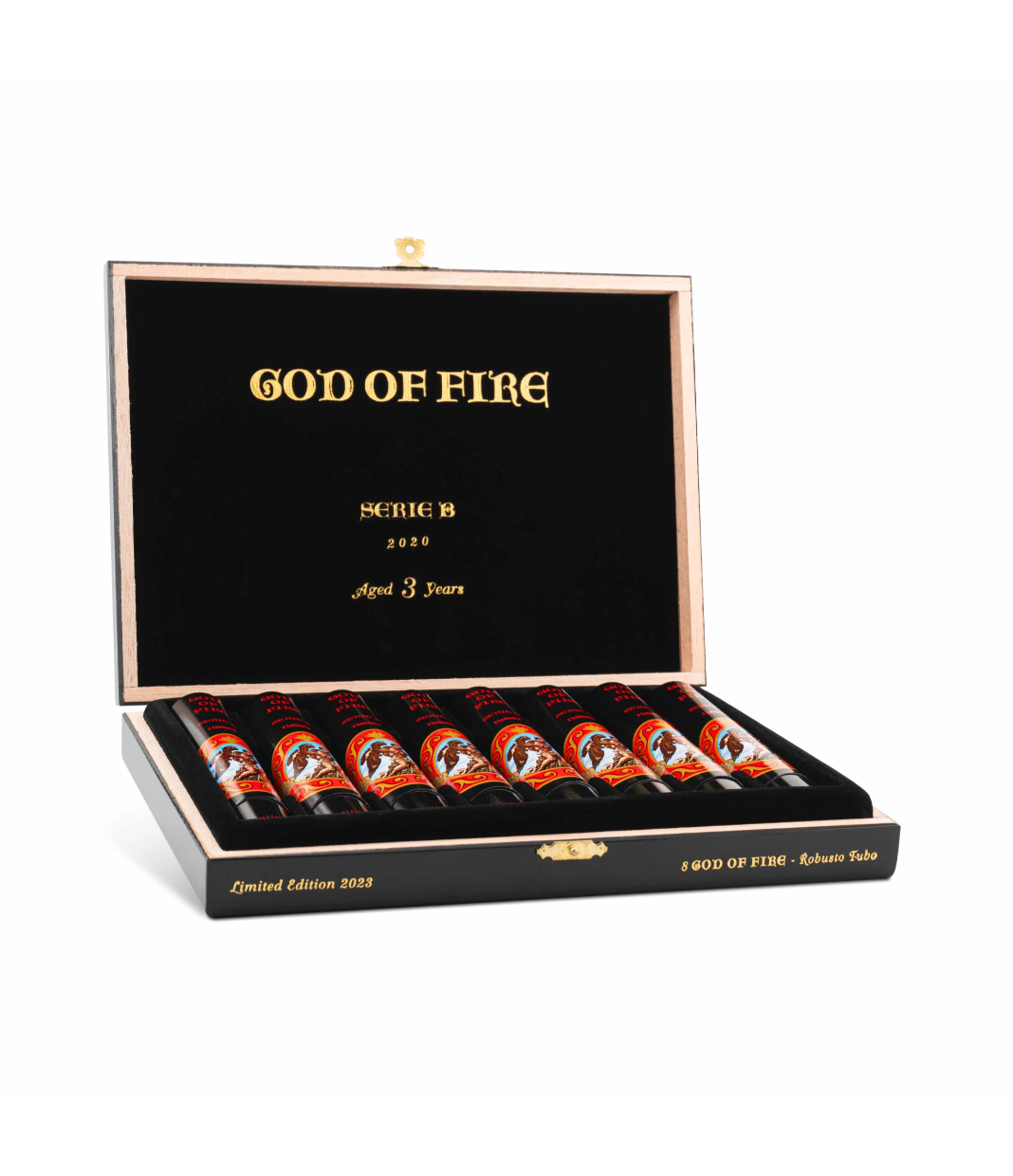 God of Fire Serie B Robusto Tubo (2023) Cigar Box of 8 close-up from AuCigars, premium Cuban cigar