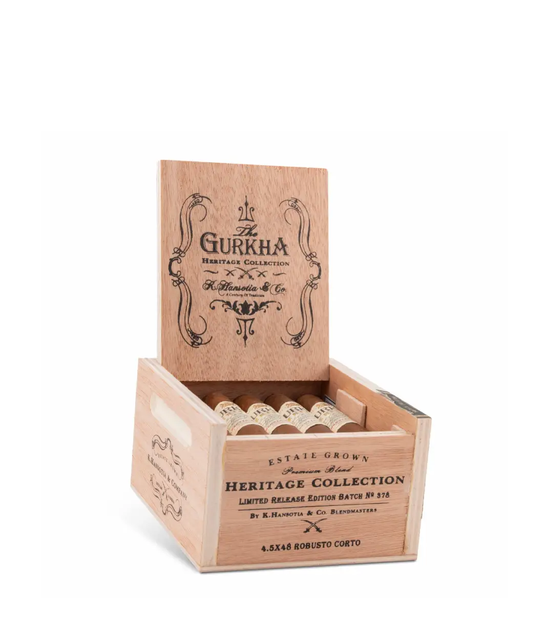 Gurkha Heritage Natural Robusto Corto Cigar Box of 15 close-up from AuCigars, premium Cuban cigar