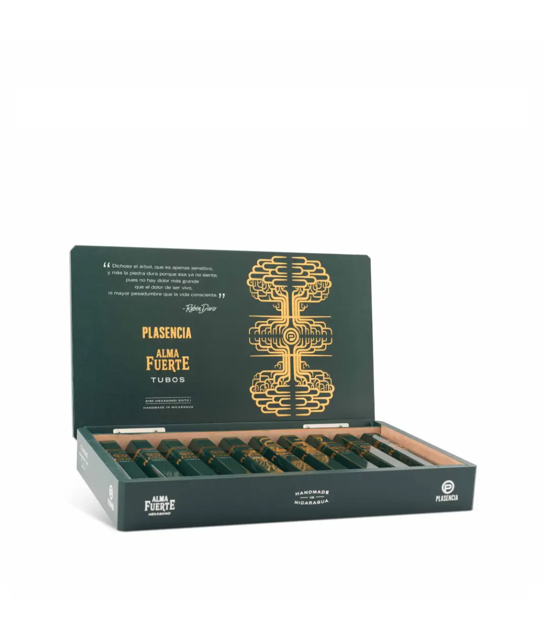 Plasencia Alma Fuerte Sixto I Hexagon Tubos Cigar Box of 10 close-up from AuCigars, premium Cuban cigar