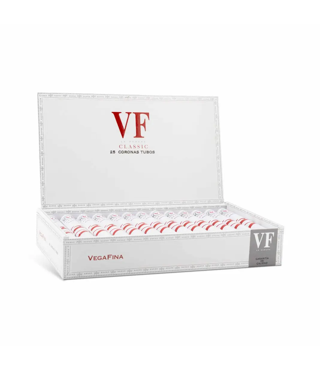 VegaFina Classic Coronas Tubos Cigar Box of 25 close-up from AuCigars, premium Cuban cigar