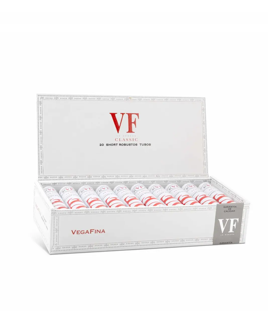 VegaFina Classic Short Robusto Tubos Cigar Box of 20 close-up from AuCigars, premium Cuban cigar