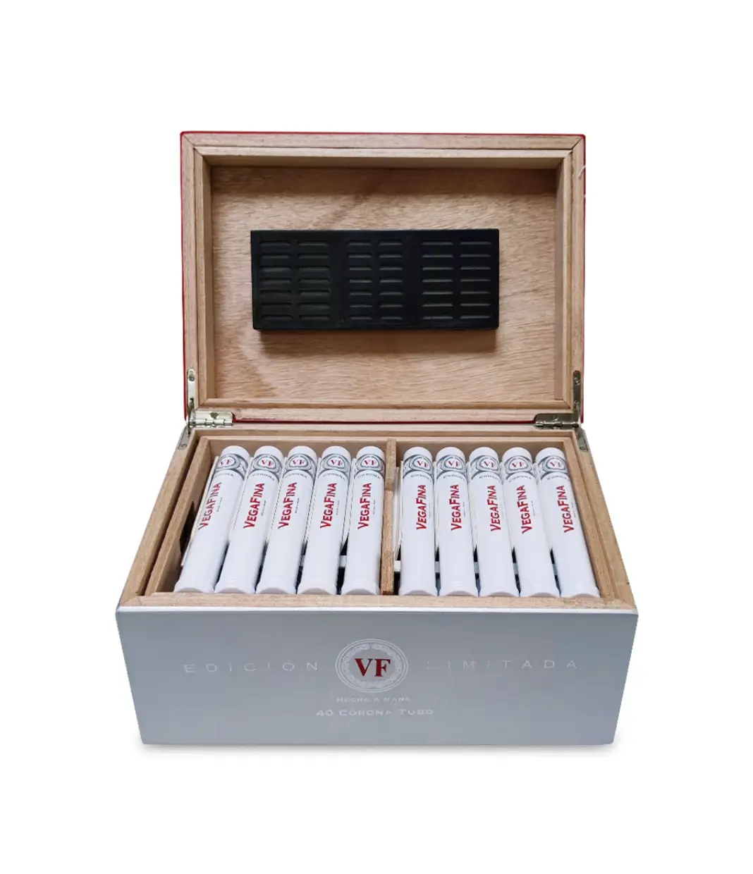 VegaFina Corona Tubo Humidor Cigar Box of 40 close-up from AuCigars, premium Cuban cigar