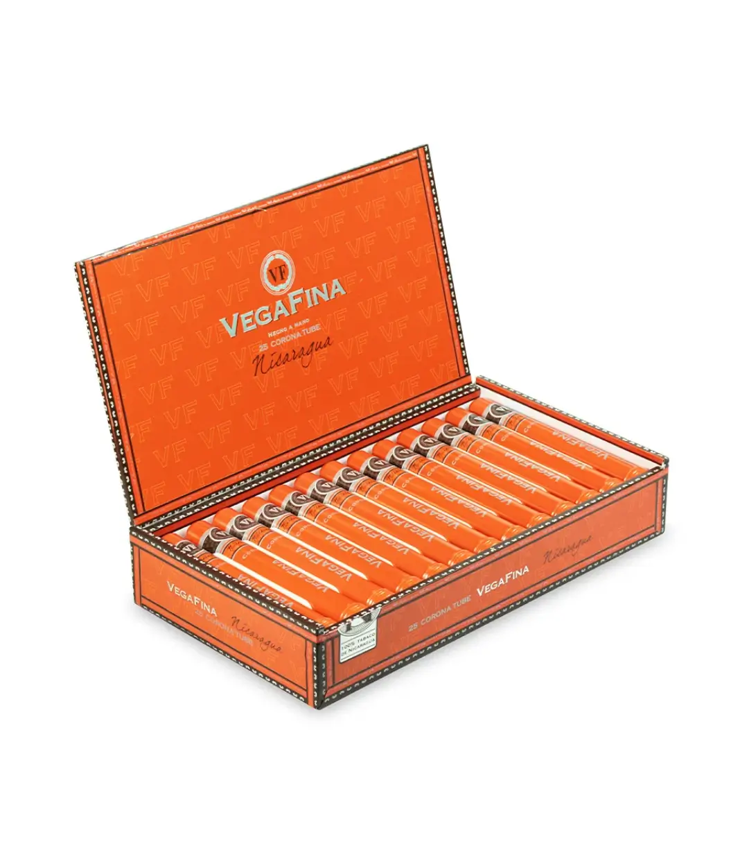 Vegafina Nicaragua Corona Tubos Cigar Box of 25 close-up from AuCigars, premium Cuban cigar