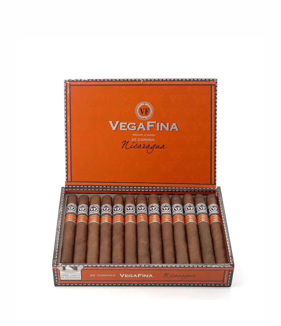 VegaFina Nicaragua Corona Cigar Box of 25 close-up from AuCigars, premium Cuban cigar