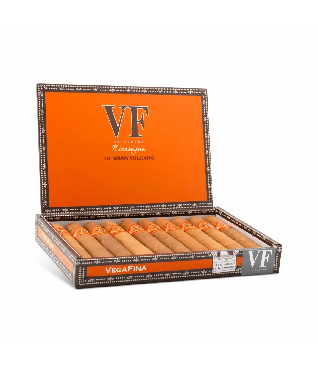 VegaFina Nicaragua Gran Vulcano Cigar Box of 10 close-up from AuCigars, premium Cuban cigar