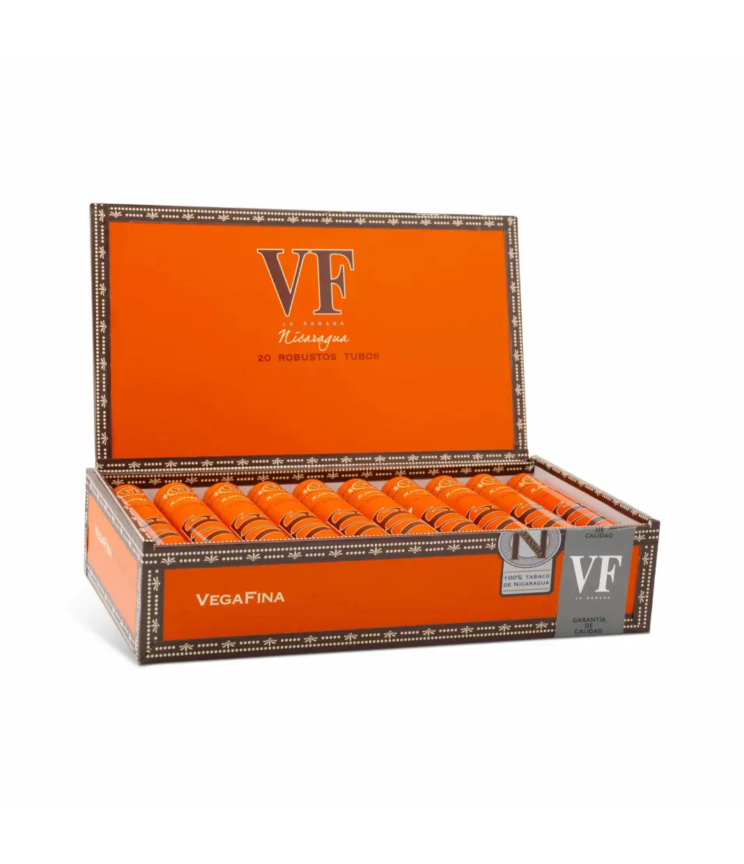 VegaFina Nicaragua Robusto Tubos Cigar Box of 20 close-up from AuCigars, premium Cuban cigar