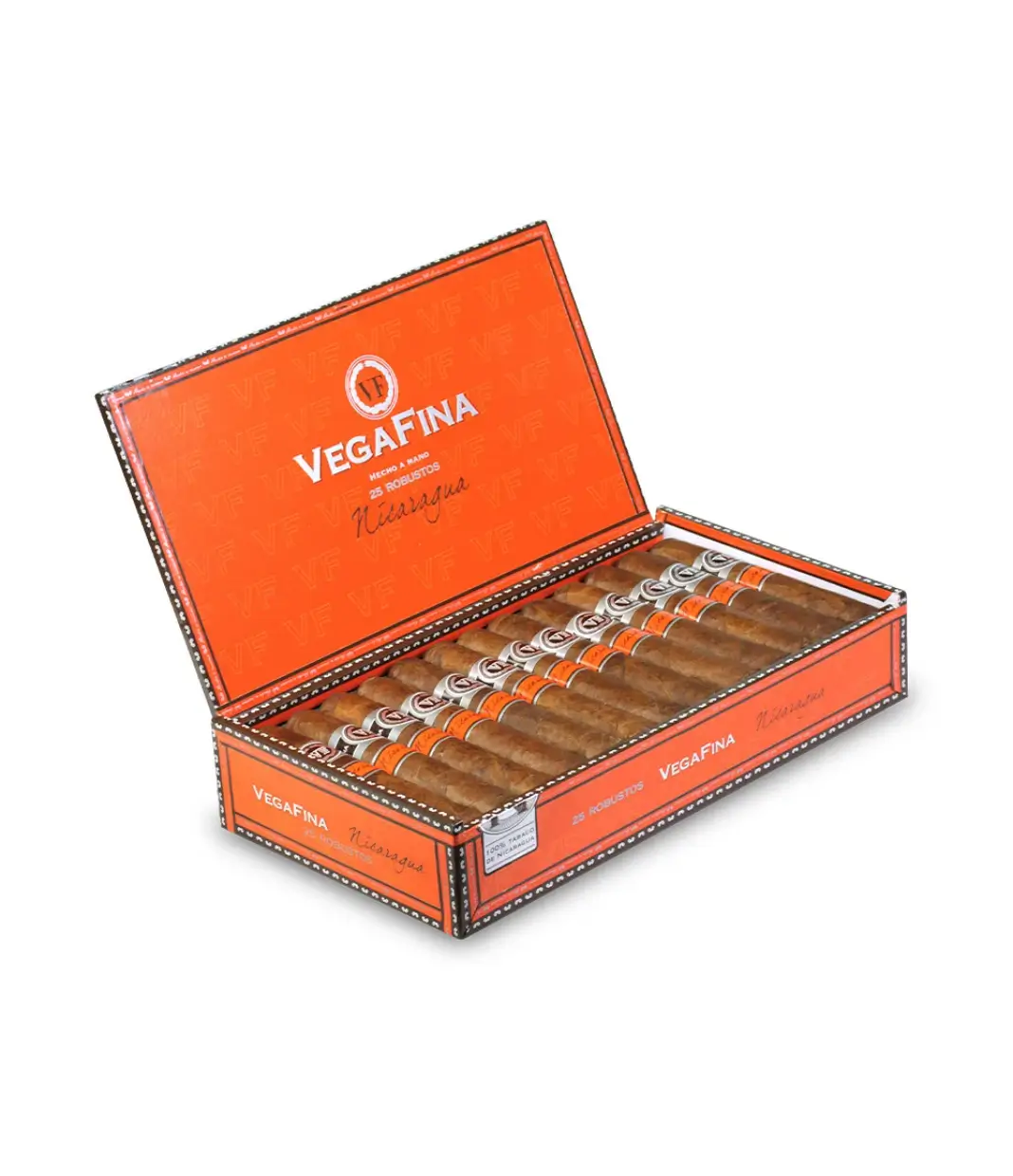 Vegafina Nicaragua Robustos Cigar Box of 25 close-up from AuCigars, premium Cuban cigar