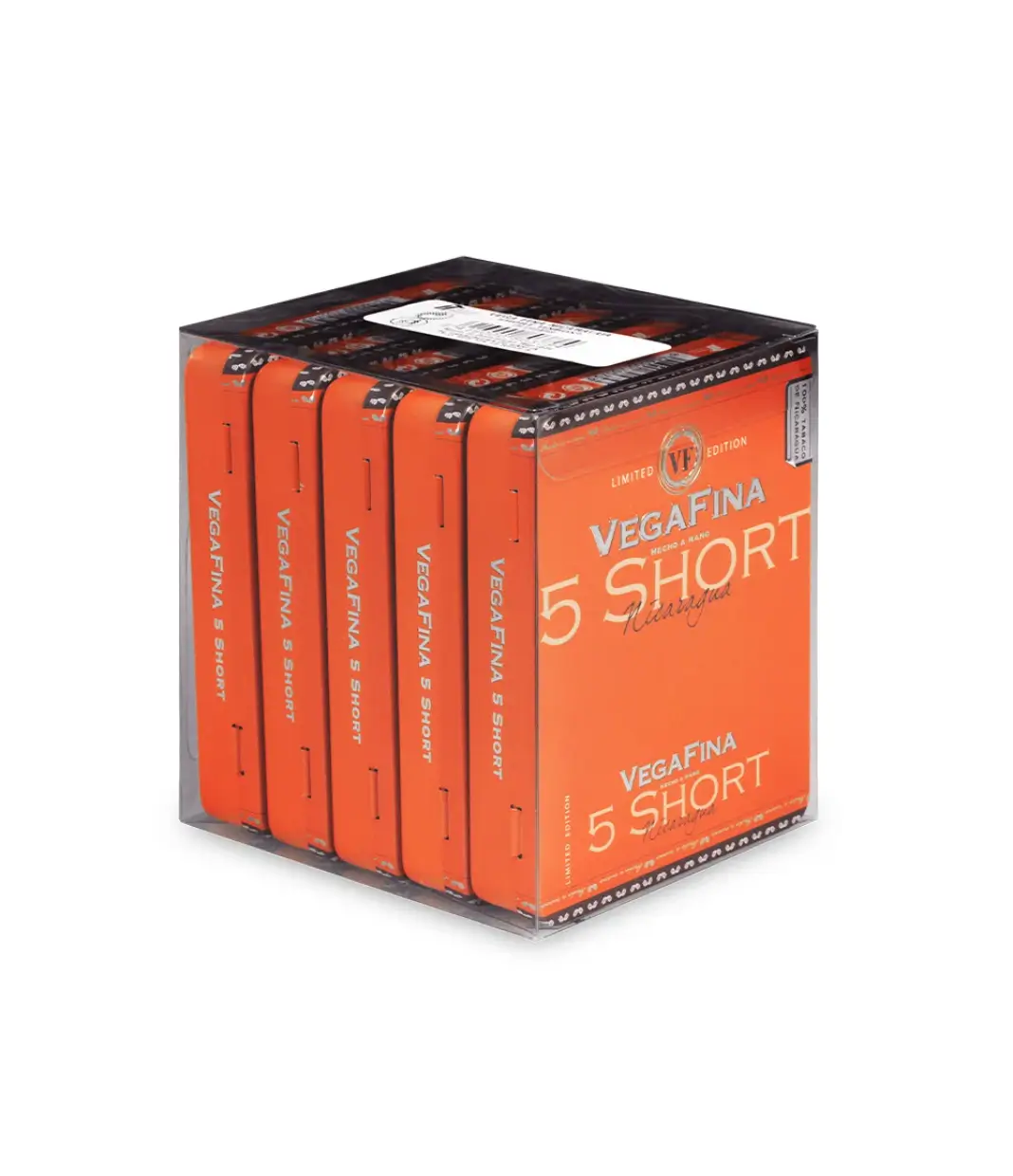 Vegafina Nicaragua Short Tin Cigar Box of 5 X 5 close-up from AuCigars, premium Cuban cigar