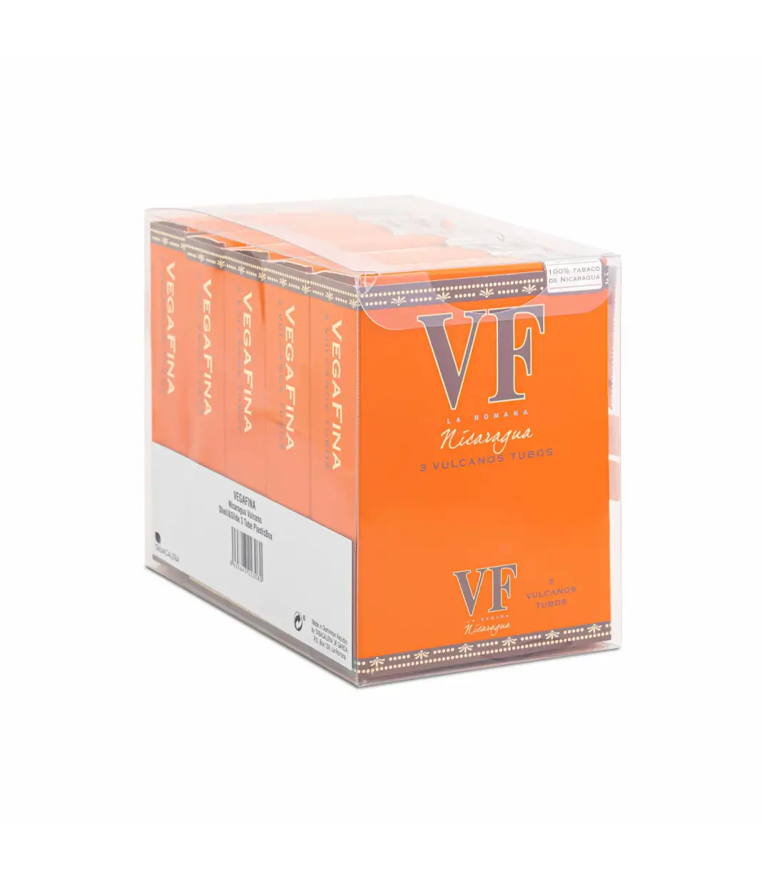 Vegafina Nicaragua Vulcano Tubo Cigar Box of 5 X 3 close-up from AuCigars, premium Cuban cigar