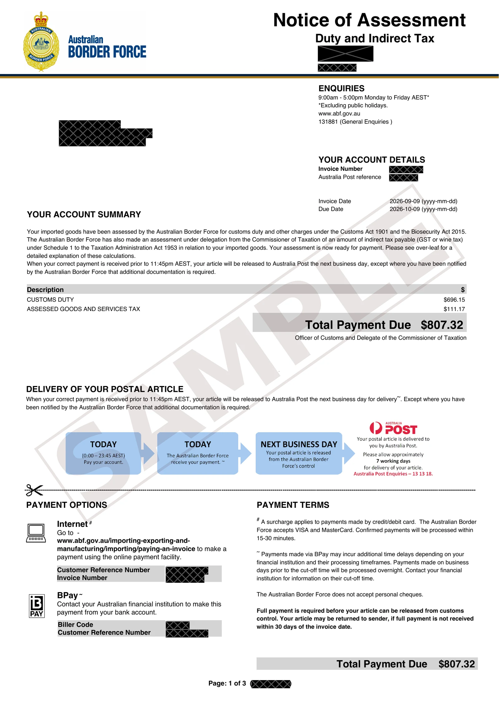 Page 1 of a sample Australian Border Force Notice of Assessment for an AuCigars cigar order, marked SAMPLE with personal details redacted. Invoice dated 9 September 2026, customs duty A$696.15, assessed GST A$111.17, total payment due A$807.32, with ABF's payment options by card or BPAY.